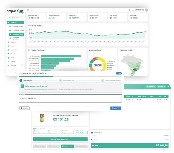 Dashboard do OrquestraShop mostrando gestão de pedidos e vendas